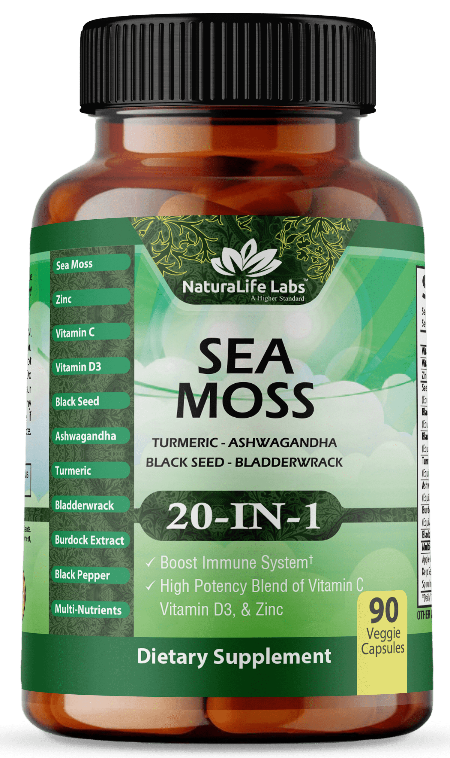 Sea Moss 6000mg - Black Seed Oil 2500mg - Bladderwrack 2000mg - Turmeric 1500mg Ashwagandha 1000mg - Burdock 1000mg - Muira Puama, Vitamin C, D3, Yellow Dock root, Manuka, Dandelion - 90 veggie caps