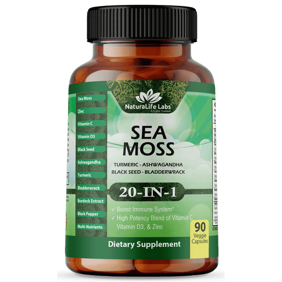 Sea Moss 6000mg - Black Seed Oil 2500mg - Bladderwrack 2000mg - Turmeric 1500mg Ashwagandha 1000mg - Burdock 1000mg - Muira Puama, Vitamin C, D3, Yellow Dock root, Manuka, Dandelion - 90 veggie caps