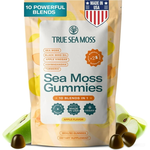 Sea Moss & Apple Cider Vinegar Gummies – 10-In-1 Herbal Formula with Black Seed Oil, Ashwagandha, Turmeric, Bladderwrack, Burdock Root, Dandelion – Natural Apple Flavor – 60 ct – Made in the USA