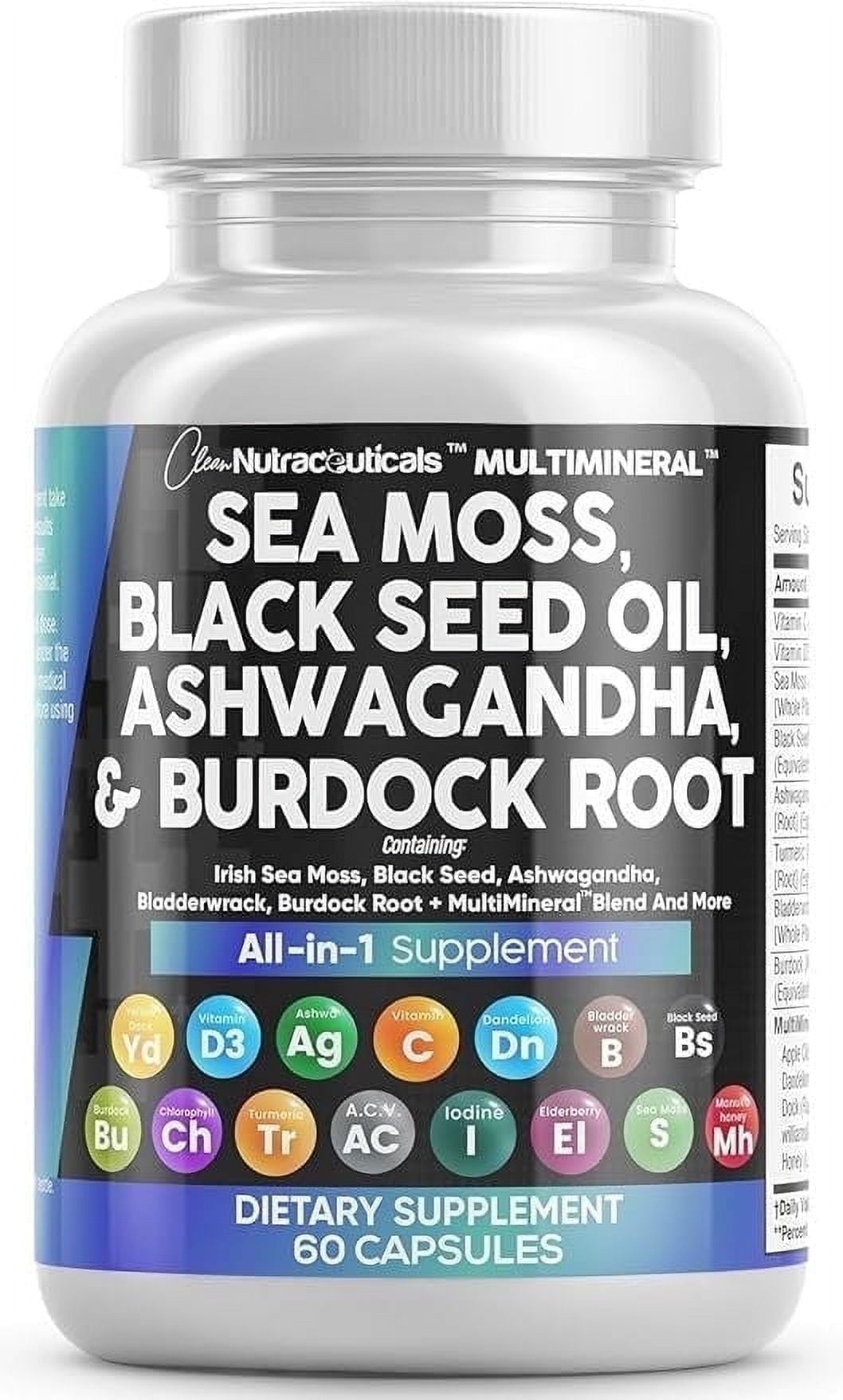 Sea Moss, Black Seed Oil , Ashwagandha, Turmeric, Bladderwrack, Burdock, & Vitamin C & D3 with Elderberry Manuka Dandelion Yellow Dock Iodine Chlorophyll ACV
