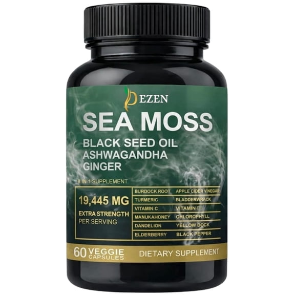 Sea Moss Capsules 19445mg with Black Seed Oil & Ashwagandha, Burdock Root & Bladderwrack, Irish Herbal Supplement, 60 Count