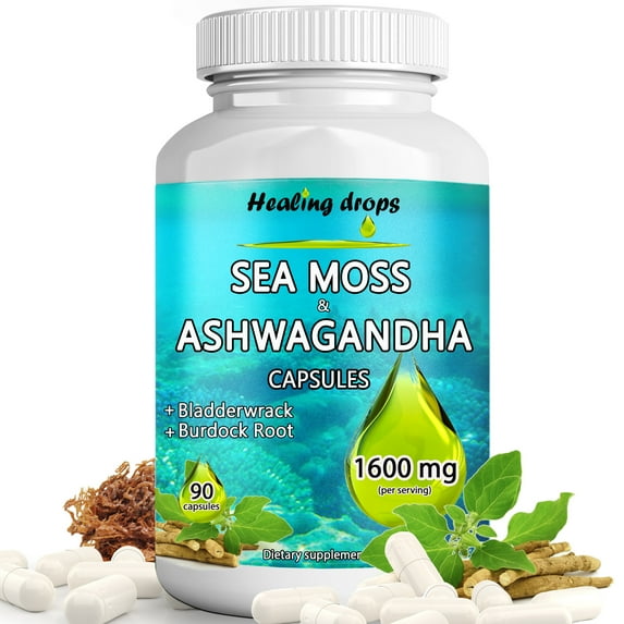 Sea Moss Capsules Ashwagandha capsules with Bladderwrack & Burdock Root – Keto Alkaline Non-GMO Diet - Raw Organic Wildcrafted Sun-Dried Seamoss Gel Powder