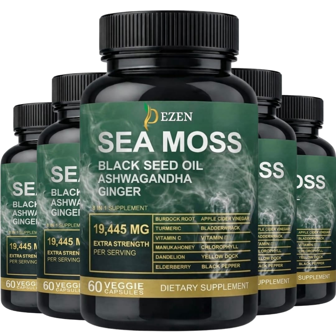 Sea Moss Capsules with Ashwagandha, Black Seed Oil, Burdock Root & Turmeric, Multi Ingredient Herbal Supplement, Pack 5
