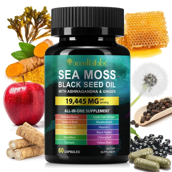 Sea Moss Capsules with Black Seed Oil, Immune, Gut & Energy Support, Vegan, 60 Capsules