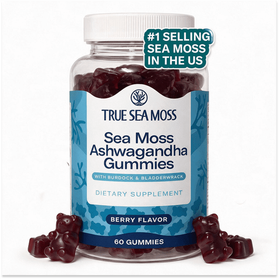 True Sea Moss Sea Moss Gummies with Ashwagandha, Burdock & Bladderwrack, 60 Gummies Vegan, Non-GMO Irish Moss Supplement for Men, Women & Kids