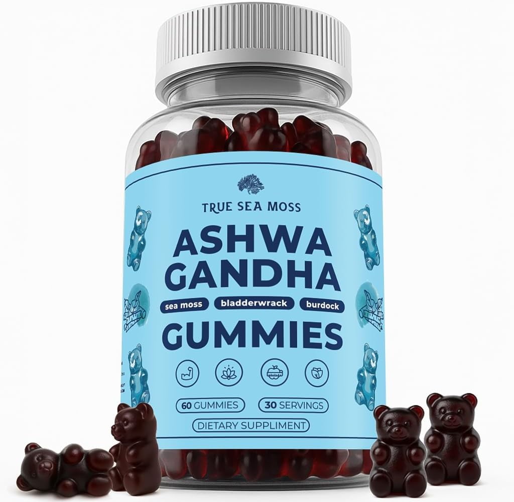 TrueSeaMoss Sea Moss Gummies with Ashwagandha, Burdock & Bladderwrack, 60 Gummies Vegan, Low Sugar, Non-GMO Irish Moss Supplement for Men, Women & Kids