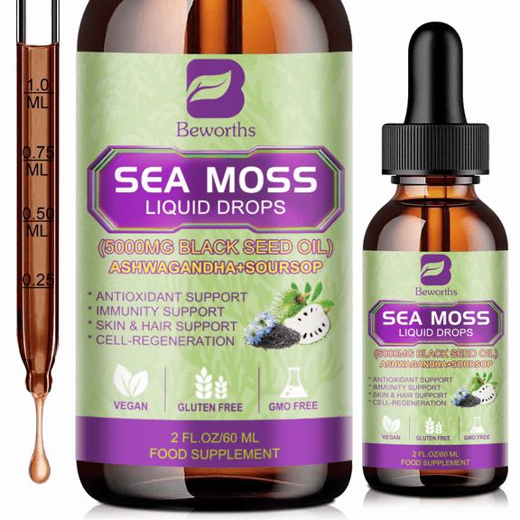 Sea Moss Liquid Drops - Irish Sea Moss Black Seed Oil with Soursop Bitters, Elderberry, Burdock Root, Multimineral Seamoss Supplement Support Antioxidant, Immune, Gut Health, 2 oz