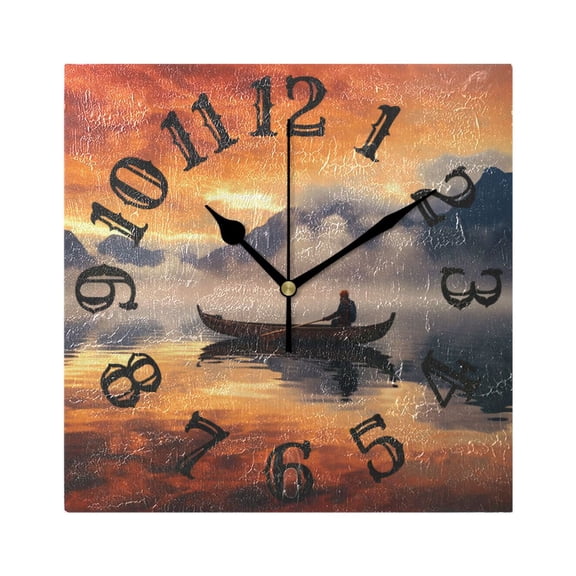 Sea Moutain Boat Ship Wall Clock Square Silent Non Ticking Battery Operated Clock for Home Bathroom Kitchen Bedroom Living Room