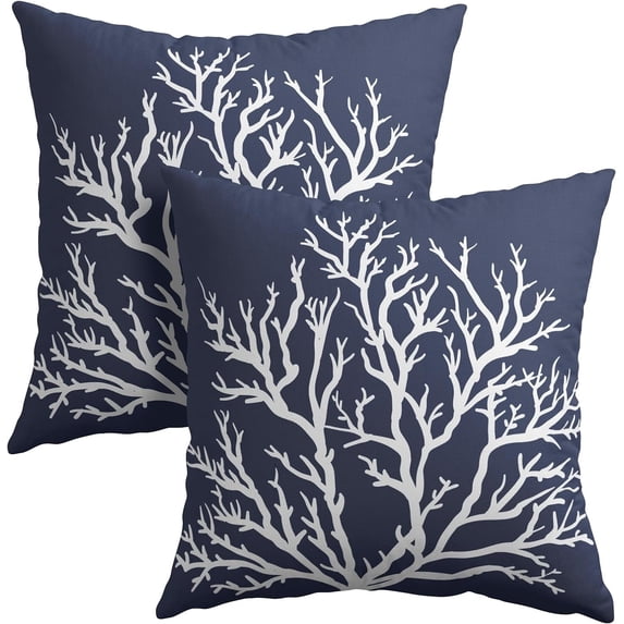 Sea Navy Blue Coral Tree Pillow Covers 20x20 Inch Set of 2 Summer Beach Blue Coral Throw Pillowcase Cotton Linen Square Decorative Nautical Coastal Cushion Cover for Sofa Bedroom Indoor Outdoor Party