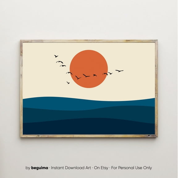 Sea Ocean Birds Sunset Geometric Coastal Decor Wall Art