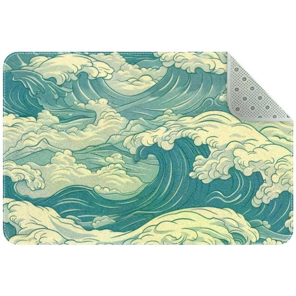 Sea Ocean Blue Storm Waves Small Area Rug, Non-Slip Door Mat Indoor Floor Mat, Washable Kitchen Rug Entrance DMat for Bedroom Living Room