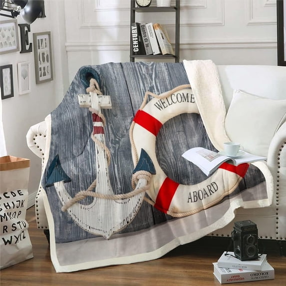 Sea Ocean Sherpa Blanket for Kids Boys Girls,Nautical Anchor Blanket,Hawaii Beach Throw Blanket Throw Size Vintage Wood Stripe Fuzzy Blanket for Travel,Red Grey White Bedroom Decor