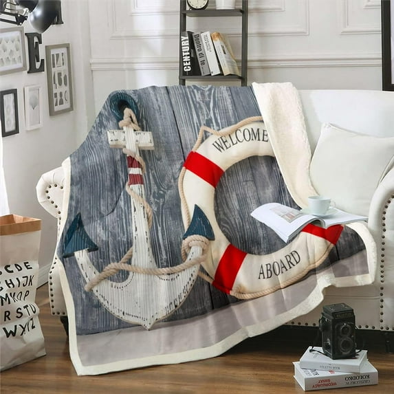 Sea Ocean Sherpa Blanket for Kids Boys Girls,Nautical Anchor Blanket,Hawaii Beach Throw Blanket Throw Size Vintage Wood Stripe Fuzzy Blanket for Travel,Red Grey White Bedroom Decor
