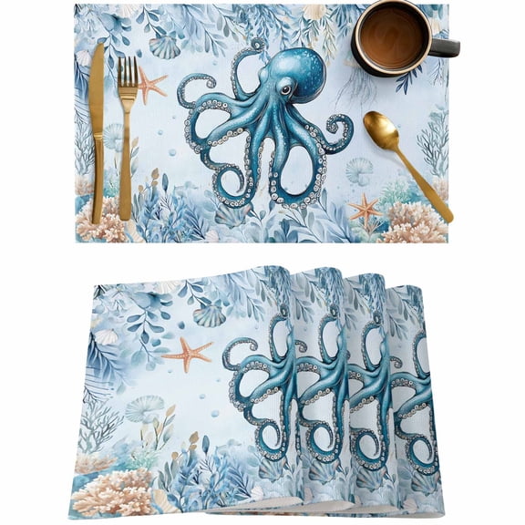 Sea Octopus Blue Seaweed Placemats Set of 4,Wipeable Washable Table Mats for Dining Tables,Shell Jellyfish Marine Life Place Mats for Kitchen Event Party Tabletop Decor