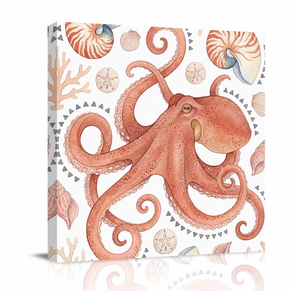 Sea Octopus Canvas Wall Art for Living Room, Nautical Ocean Marine Orange Nautilus Shell Coral Poster Print Painting for Bedroom Office Home Decoration Wall Pictures Prepare To Hang 8"x8"