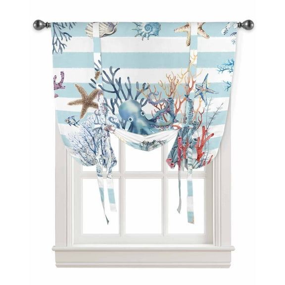 Sea Octopus Coastal Tie Up Curtains for Kitchen Bathroom Bedroom Windows 45 Inch Length,Summer Beach Coral Nautical Blue Striped Balloon Drape Curtains Shade Rod Pocket Drapery Curtain Panel,34"x45"