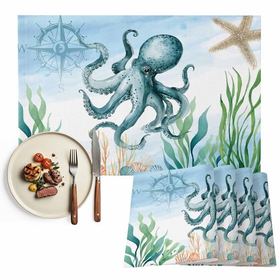 Sea Octopus Compass Placemats Set of 6, Bule Sea Starfish Seaweed Table Mats Washable Heat-Resistant Non-Slip Place Mats for Kitchen Dinner Table Indoor Outdoor Decor,13x19 Inch
