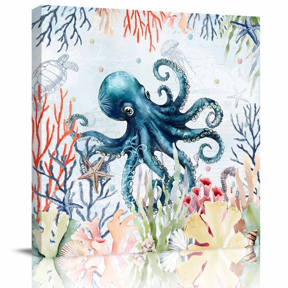 Sea Octopus Coral Seaweed Canvas Artwork Painting Art, Monster Blue Ocean Square Framed Wall Decorations Prints Picture for Bedroom Kitchen Living Room, 8x8 in