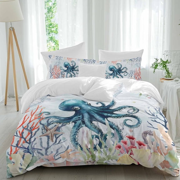 Sea Octopus Coral Seaweed Queen Size Bed Set,Monster Blue Ocean Bedding for All Seasons,4 Pcs Bed Set,1 Quiltcover (90"x92"),1 Sheet(94"x116"),2 Pillowcases (30"x20")