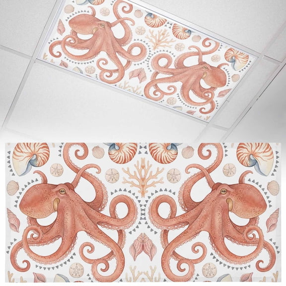 Sea Octopus Fluorescent Light Covers Nautical Ocean Marine Orange Nautilus Shell Coral Magnetic Light Filters Ceiling Lighting Panel Shade for Classroom Office Home 2 x 4 ft, 1 Pack