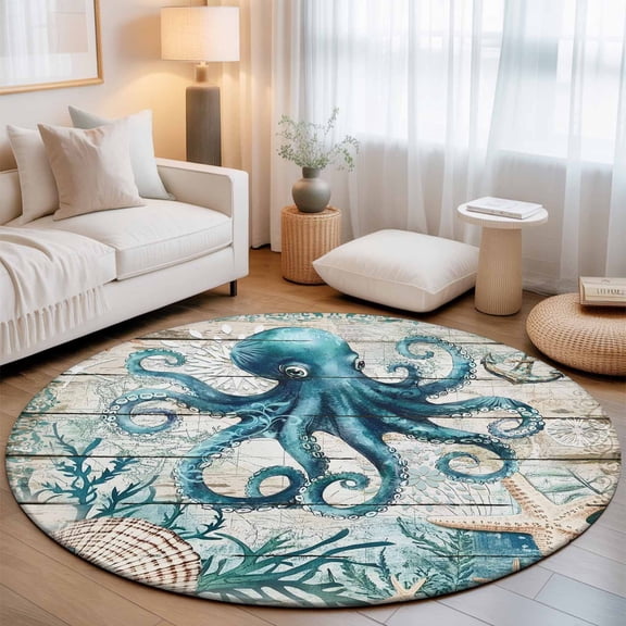 Sea Octopus Ocean Starfish Round Rug 5ft Nautical Anchor Vintage Wood Grain Washable Area Rugs for Living Room Bedroom Entryway Non Slip Entrance Door Mat Indoor Floor Carpet