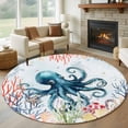thumbnail image 1 of Sea Octopus Round Living Room Rugs 7 ft, Vintage Watercolor Ocean Animals Colorful Corals Seaweed Blue Washable Area Rug with Non-Slip Sturdy Edge Binding Round Carpet for Kitchen Office Bedroom, 1 of 9