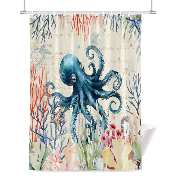 Sea Octopus Shower Curtains for Bathroom, Vintage Watercolor Ocean Animals Corals Seaweed Newspaper Texture Waterproof Fabric Shower Curtain for Bathroom Bathtub Decoration, Machine Washable 72"x72"