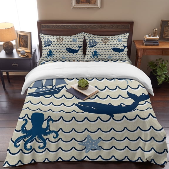 Sea Octopus Whale Crab Starfish Queen Size Bed Set,Sailboat Compass Blue Stripe Bedding for All Seasons,4 Pcs Bed Set,1 Quiltcover (90"x90"),1 Sheet (90"x102"),2 Pillowcases (20"x30")
