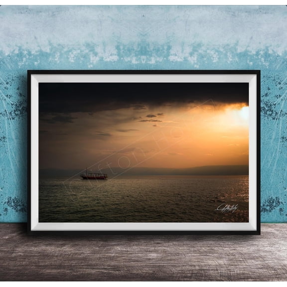 Sea Of Galilee Wall Art Print, Sunrise Boat Christian Decor