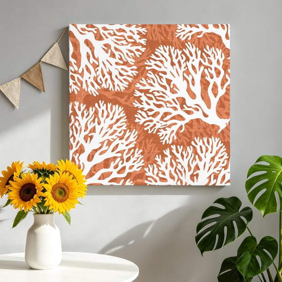 Sea Orange Coral Canvas Wall Art, Country Nautical Coastal Ocean Beach Marine Life Framed Canvas Wall Decor Picture Print Artwork Decorations for Living Room Office Ready to Hang 8" x 8"