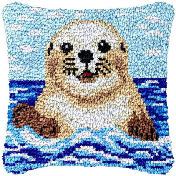 Sea Otter Animal Latch Hook Kits Pillow DIY Rug Cushion Making Kits with preprinted Pattern Canvas Instruction Yarns and Latch Hooking Pillow Cover Easy to Start DIY Home Decor Kits 43x43cm