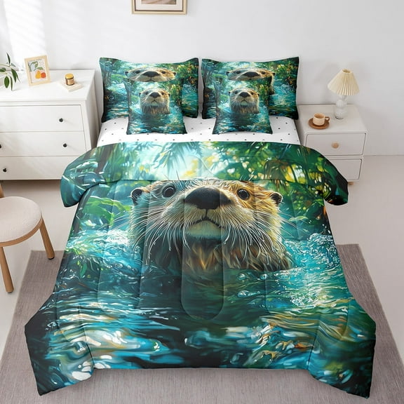 Sea Otter Bedding Set 7 Pieces Coastal Creature Comforter Twin Room Decorative Marine Life Otter Bed In A Bag Ocean Animals Comforter Set With Sheet