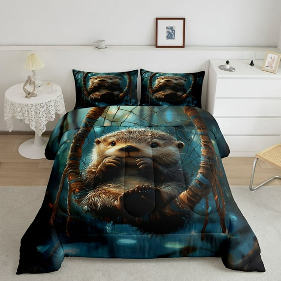 Sea Otter Comforter Set Dream Catcher Quilt Bed Set,Boho Feather King Bedding Set,Nautical Sea Animals Duvet Insert Exotic Bohemian Decor