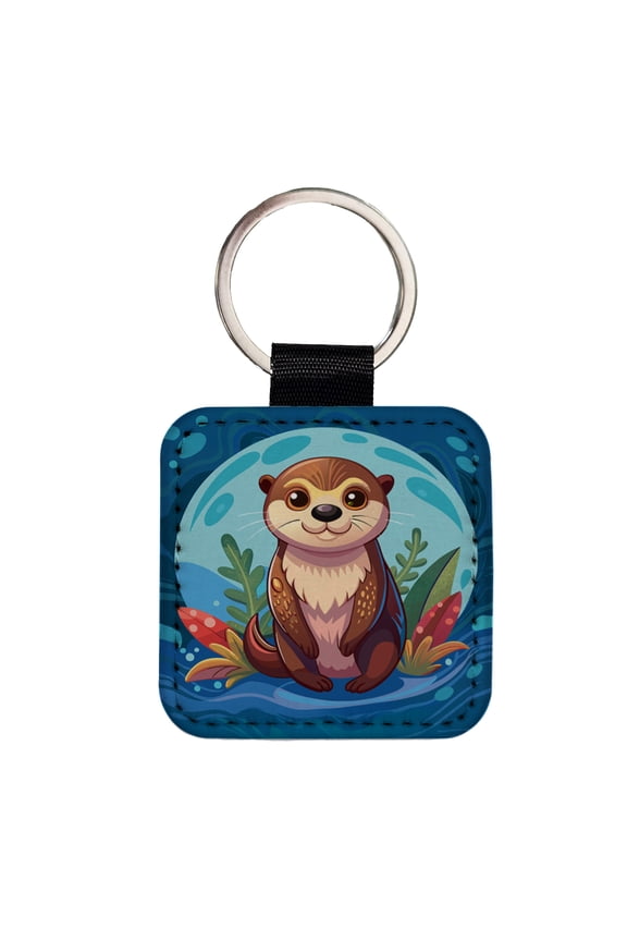 Sea Otter Cute Faux Leather Square Keychain