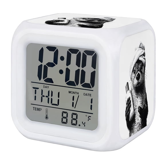 Sea Otter Digital Alarm Clock for Bedrooms, Smart LED Alarm Clock with 7 Color Changing Night Light, Shampoo Towel Funny Animal Silent Wake Up Clocks for Sleep Study Cooking 3.2"x3.2"