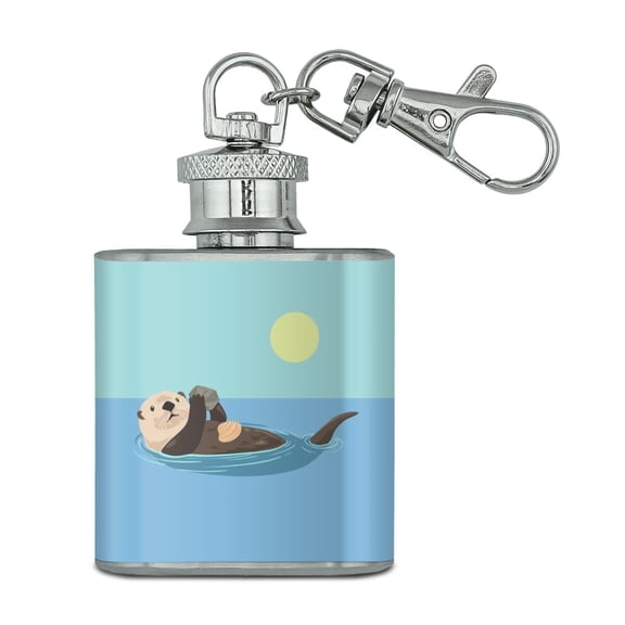 Sea Otter Eating Giant Clam Stainless Steel 1oz Mini Flask Key Chain