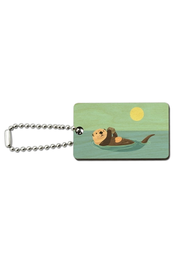 Sea Otter Eating Giant Clam Wood Wooden Rectangle Keychain Key Ring
