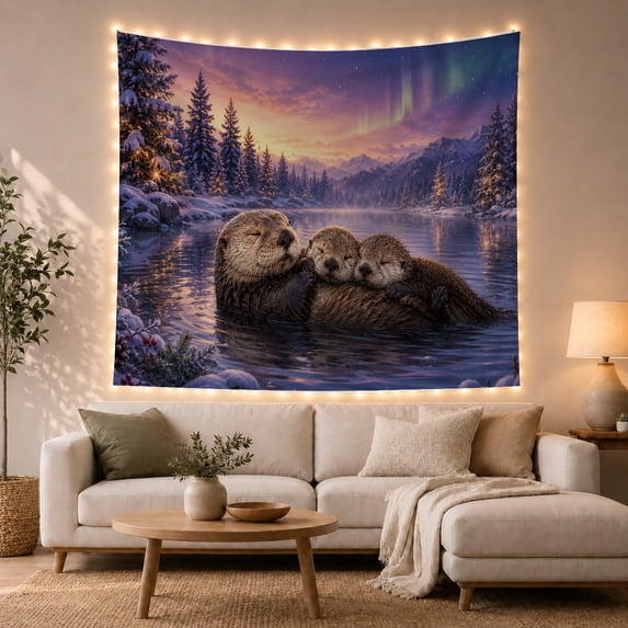 Sea Otter Family with Aurora Lake and Pine Forest, Dreamy Boho for Nature Lovers, Wildlife Art Decor Christmas Gift, Tapestry Wall Hanging for Living Room and Bedroom