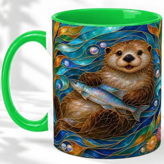 Sea Otter Fish Accent Mug, 11oz Ceramic Coffee Cup for Ocean Lovers