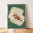 Sea Otter Floating Wall Art Print, Forest Green Japanese Linocut Decor ...