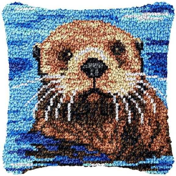 Sea Otter Latch Hook Pillow Cover Kits for DIY Handmade Throw Pillow Cross Stitch Latch Hook Pillowcase Rug Kits with Preprinted Color Pattern Canvas Crochet Yarn Kits 17''X 17''(ys93)