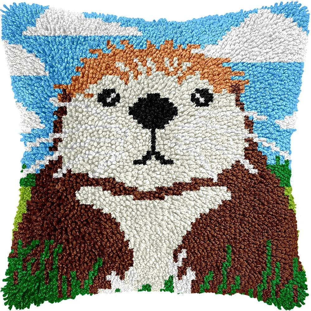 Sea Otter Latch Hook Pillow Cover Kits for DIY Handmade Throw Pillow Cross Stitch Latch Hooking Pillowcase Kits with Preprinted Color Pattern Canvas Crochet Yarn Kits 17''X 17''(7-251)