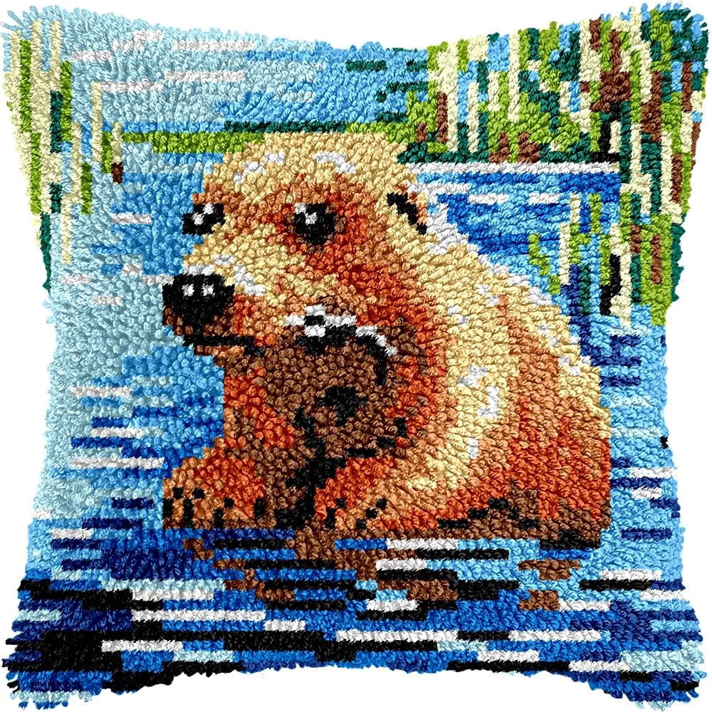 Sea Otter Latch Hook Pillow Kits for DIY Throw Pillow Cushion Embroidery Latch Hooking Pillowcase Kits with Preprinted Canvas Crochet Yarn Kits for Home Decor 17''X 17''(d173)