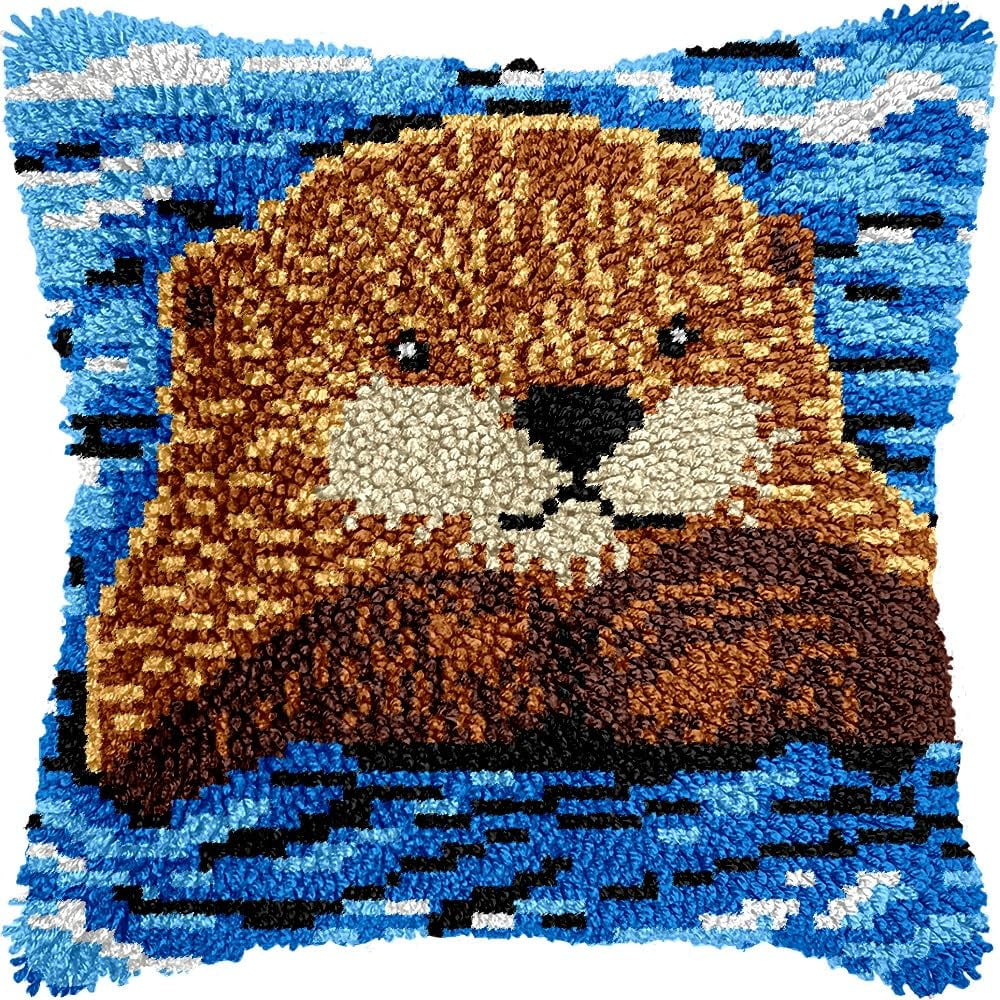 Sea Otter Latch Hook Pillow Kits for DIY Throw Pillow Cushion Embroidery Latch Hooking Pillowcase Kits with Preprinted Canvas Crochet Yarn Kits for Home Decor 17''X 17''(C183)