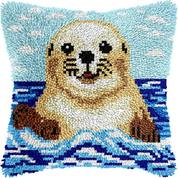 Sea Otter Latch Hook Pillow Kits Pillow Cover with Pattern Printed Canvas Sofa Hooking Pillowcase Cushion Crafts Embroidery Latch Hooking Crochet Starter Kits 17x17 inch(1)