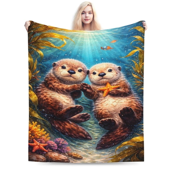 Sea Otter Ocean Blanket Coastal Marine Wildlife Throw Summer Beach House Decor Soft Cozy Fleece Gift for Adults 50x40