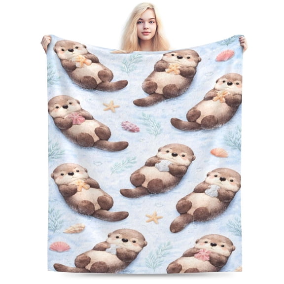 Sea Otter Pattern Blanket, Summer Coastal Ocean Decor Soft Cozy Plush Flannel Blanket for Sofa Couch Bed Living Room 50x40