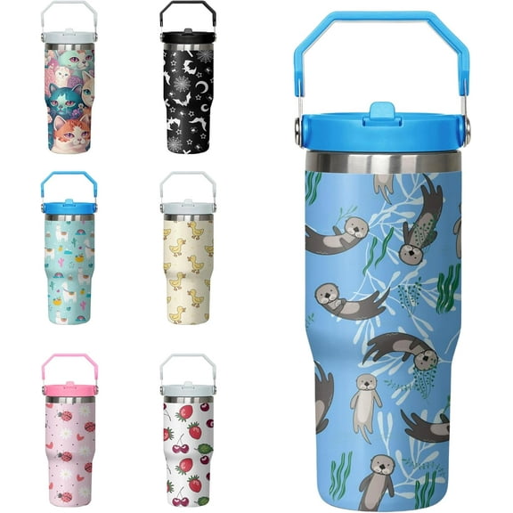 Sea Otter Tumbler with Handle and Flip Straw for Women Men, 30oz Cute Stainless Steel Insulated Cup, Water Bottle Travel Coffee Mug Gifts, Gifts for Animal Lovers