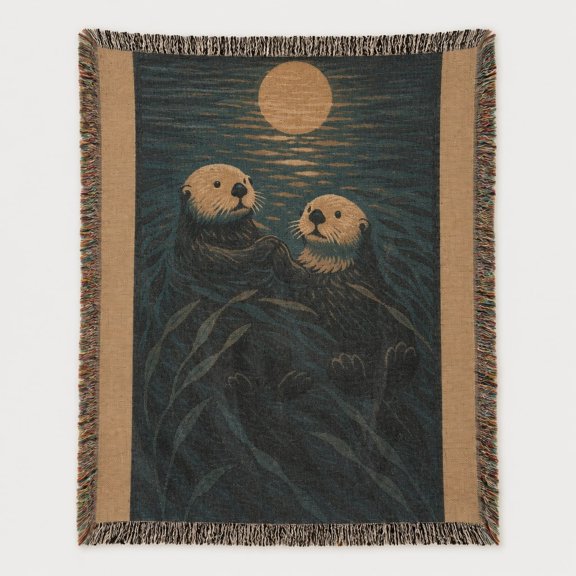 Sea Otter Woven Blanket, Kelp Moon Cotton Throw, Coastal Ocean Wall Tapestry with Fringe