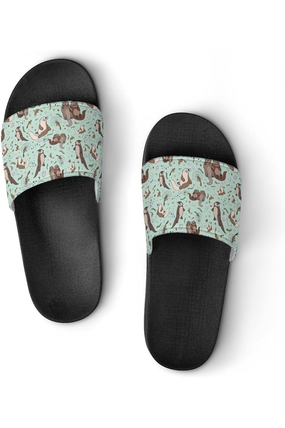 Sea Otters Green Womens Slide Sandals Non Slip Summer House Slippers for Girls Slip-on Flip Flops